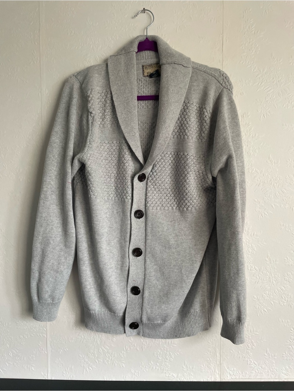 British Khaki Light Gray Shawl Collar Button-Front Cardigan